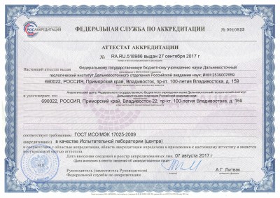 Accreditation certificate RA. RU. 518986 dd. 27.08.2017