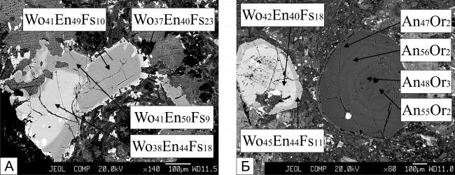 Examples of direct and reverse zoning. Photographs of direct and reverse zoned clinopyroxene crystals (A) [sample Ча-2605], and reverse zoned clinopyroxene with rhythmic zoned plagioclase crystals (B) [sample 4170615] in andesites of the Talminsk strata. Photographs in the reflected electrons were made with the use of microanalyzer JEOL JXA-8100 in the Laboratory of X-Ray Methods of FEGI FEB RAS