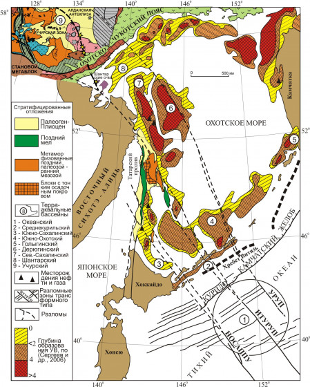 Схема размещения терра-аквальных бассейнов Алданской антеклизы, Охотского моря и Тихого океана