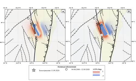  Приращение критических Кулоновских напряжений на глубинах 5 км (а) и 10 км (б), инициированных Углегорским землетрясением 2000 г.